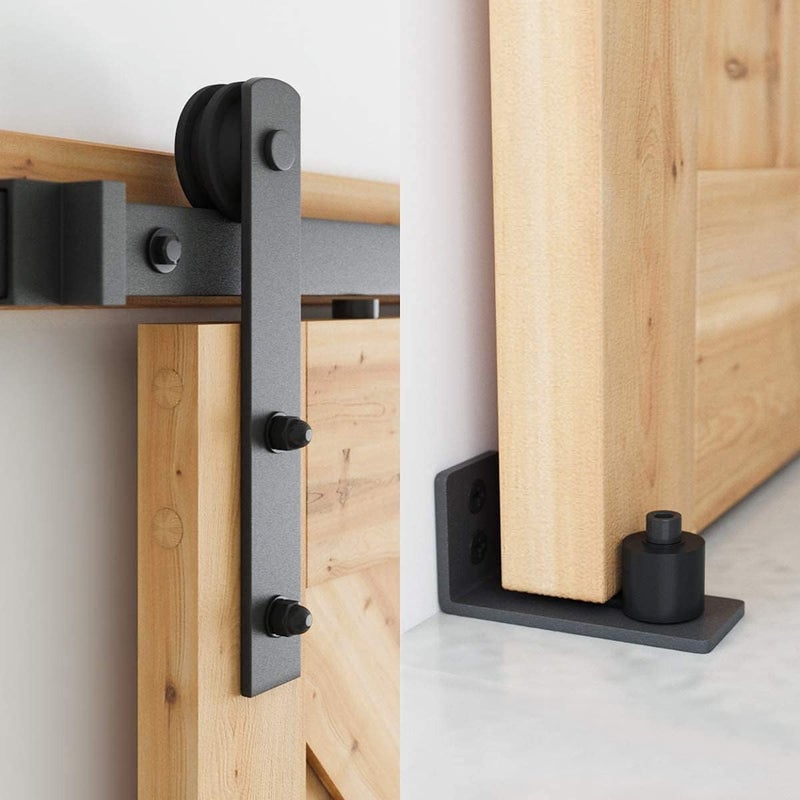 SMARTSTANDARD 7 FT Heavy Duty Sturdy Sliding Barn Door Hardware Kit, Black, (Whole Set Includes 1x Pull Handle Set & 1x Floor Guide) Fit 40''-42" Wide Door Panel (I Shape Hanger) - Image 3