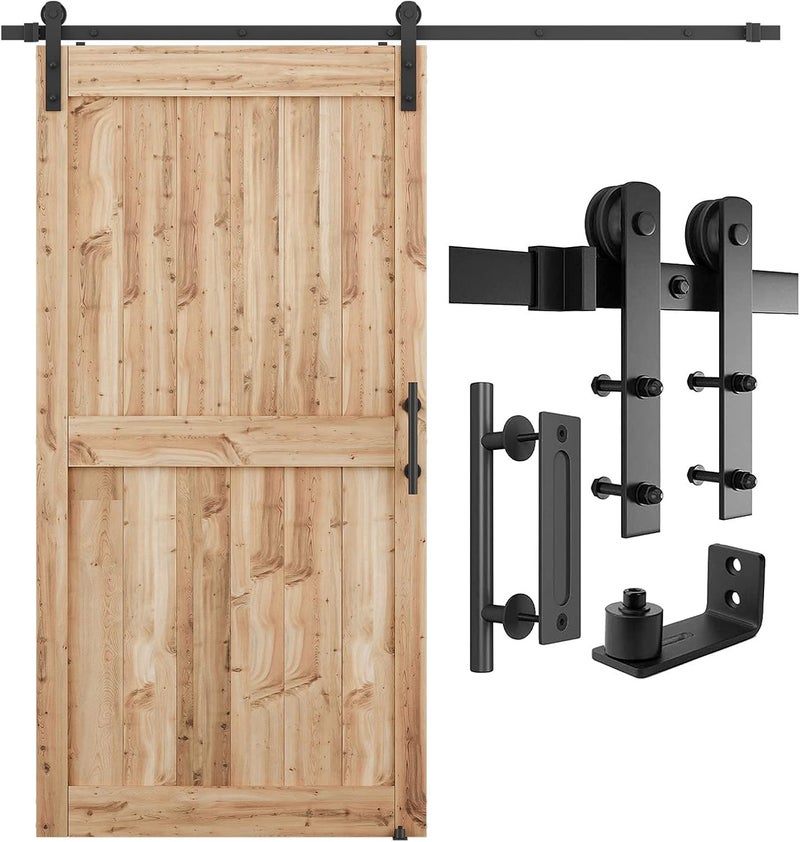 SMARTSTANDARD 7 FT Heavy Duty Sturdy Sliding Barn Door Hardware Kit, Black, (Whole Set Includes 1x Pull Handle Set & 1x Floor Guide) Fit 40''-42" Wide Door Panel (I Shape Hanger) - Image 1