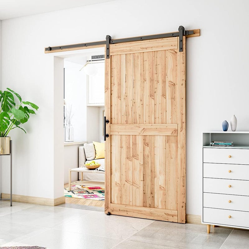 SMARTSTANDARD 7 FT Heavy Duty Sturdy Sliding Barn Door Hardware Kit, Black, (Whole Set Includes 1x Pull Handle Set & 1x Floor Guide) Fit 40''-42" Wide Door Panel (I Shape Hanger) - Image 2