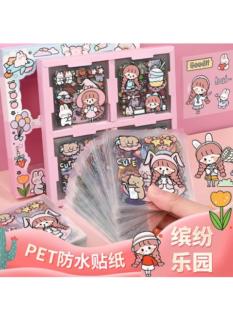 100 Non-repeating Cartoon Cute Hand Account Stickers Net Red Girl's Heart Hand Account Decoration Material Paper Stickers-Color:[colorful Paradise PET Gift Box] 100 Pieces Without Cutting