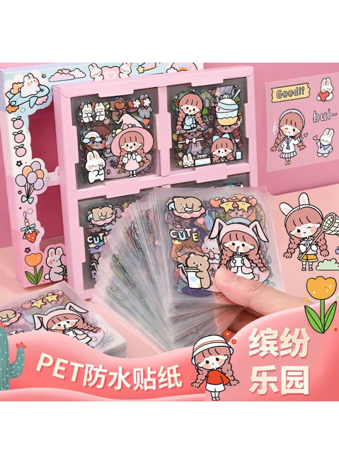 null - 100 Non-repeating Cartoon Cute Hand Account Stickers Net Red Girl's Heart Hand Account Decoration Material Paper Stickers-Color:[colorful Paradise PET Gift Box] 100 Pieces Without Cutting - Image 1
