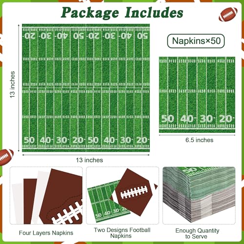 QZYL 50 PCS Football Party Supplies, 6.5 Inches Football Napkins with 2 Styles, Disposable Paper Napkins Theme Napkins for Game Day Touchdown Birthday Party Decorations - Image 2