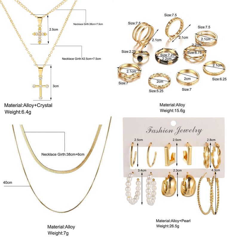 CONGYING 65 Pcs Gold Jewelry Set with 6Pcs Layered Necklace, 11 Pcs anklet and 7Pcs Earring Ear Cuff,11Hoop Earrings,15pcs Rings,15pcs stud earrings Jewerly set for Women Gift - Image 2