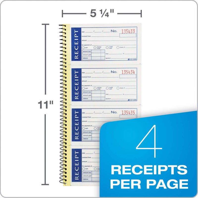 Adams Write n' Stick Receipt Book, 2-Part, Carbonless, White/Canary, 5-1/4" x 11", Spiral Bound, 200 Sets per Book, 4 Receipts per Page (SC1152WS) - Image 3