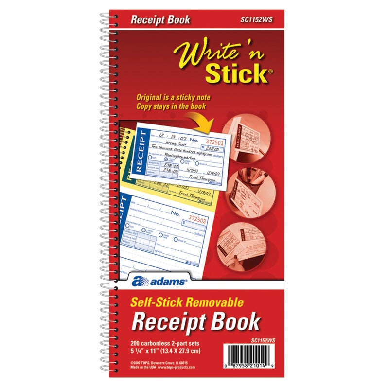 Adams Write n' Stick Receipt Book, 2-Part, Carbonless, White/Canary, 5-1/4" x 11", Spiral Bound, 200 Sets per Book, 4 Receipts per Page (SC1152WS) - Image 2
