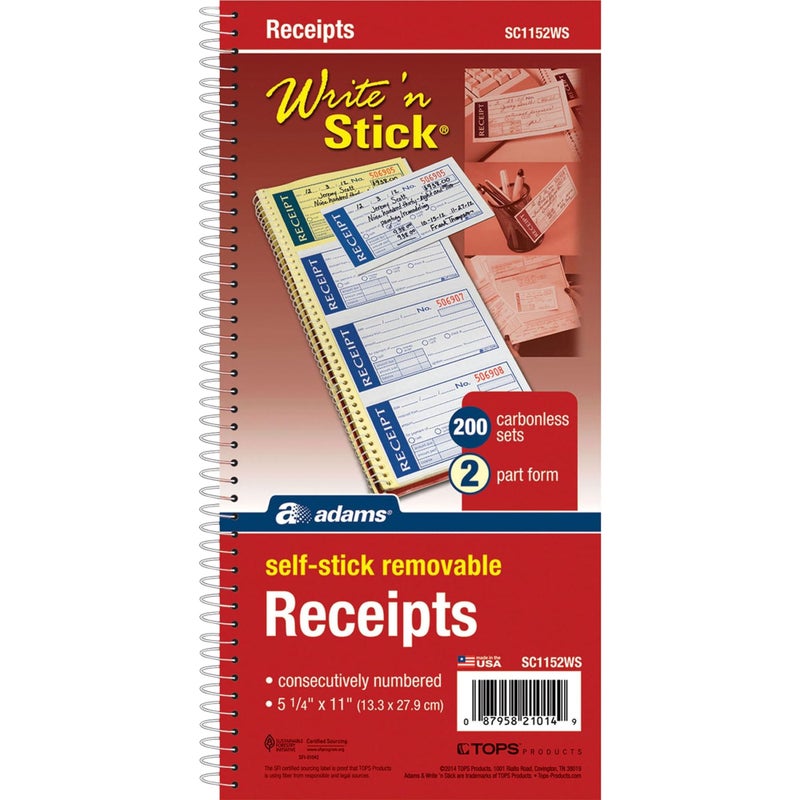 Adams Write n' Stick Receipt Book, 2-Part, Carbonless, White/Canary, 5-1/4" x 11", Spiral Bound, 200 Sets per Book, 4 Receipts per Page (SC1152WS) - Image 5