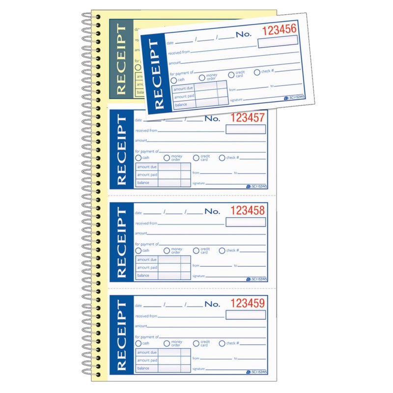 Adams Write n' Stick Receipt Book, 2-Part, Carbonless, White/Canary, 5-1/4" x 11", Spiral Bound, 200 Sets per Book, 4 Receipts per Page (SC1152WS) - Image 1