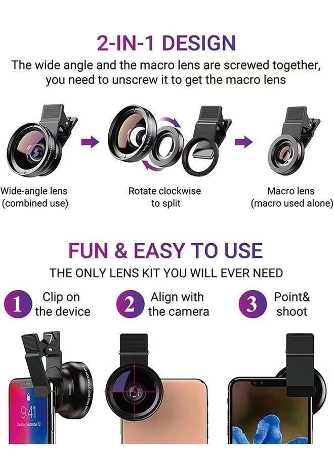 Apexel Phone Camera Lens, 2 in 1 Cell Phone Clip-on Lens Kit 0.45X Wide Angle Lens 140°+ 12.5X Macro Lens Clip-on iPhone Lens for iPhone Samsung and Most of Android Smartphone - Image 2