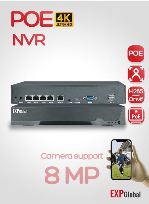 4 channel IP video recorder with POE/4K POE NVR H.265/ONVIF, PoE power, software motion sensor, remote access