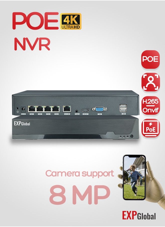 EXPGlobal 4 channel IP video recorder with POE/4K POE NVR H.265/ONVIF, PoE power, software motion sensor, remote access  - Image 1