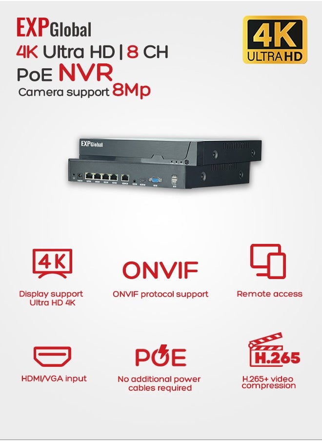 EXPGlobal 4 channel IP video recorder with POE/4K POE NVR H.265/ONVIF, PoE power, software motion sensor, remote access  - Image 2