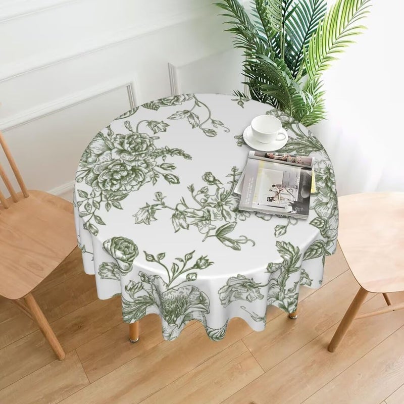 AEIOAE Floral Tablecloth 70x70 Inch Round Sage Green Flower Table Cloth Chinoiserie Floral Tablecloths Polyester Fabric Farmhouse Decorative for Spring Home Kitchen Dining Party - Image 2