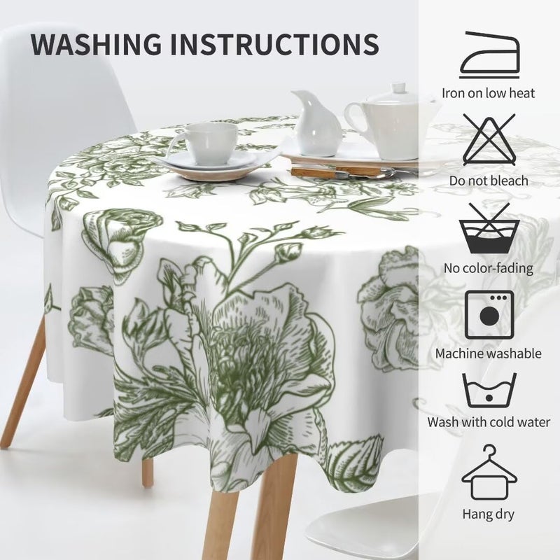 AEIOAE Floral Tablecloth 70x70 Inch Round Sage Green Flower Table Cloth Chinoiserie Floral Tablecloths Polyester Fabric Farmhouse Decorative for Spring Home Kitchen Dining Party - Image 4