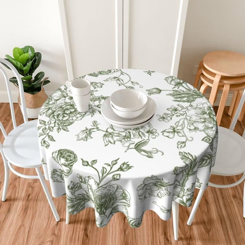 AEIOAE Floral Tablecloth 70x70 Inch Round Sage Green Flower Table Cloth Chinoiserie Floral Tablecloths Polyester Fabric Farmhouse Decorative for Spring Home Kitchen Dining Party - Image 5