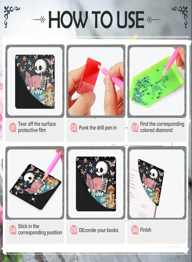 INCOK Skull Diamond Art Bookmarks - 6 Pcs DIY Diamond Painting Corner Bookmarks Kits Double Side Art Craft Supplies Birthday The Day of Dead Gift for Adults Beginners Book Lovers Skull Lovers Mexicans - Image 5