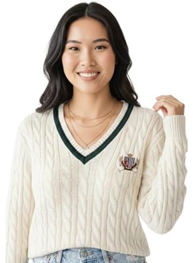 RALPH LAUREN Cableknit Women's V-Neck Sweater | Soft and Comfortable Cotton Pullover | Classic Stylish Design for Every Look - Image 1