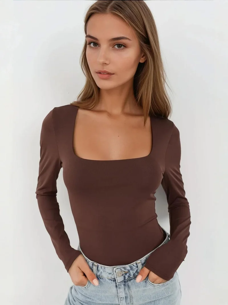 HICCUP Slim Fit Square Collar Knit Top