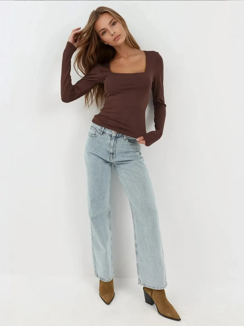 HICCUP Slim Fit Square Collar Knit Top