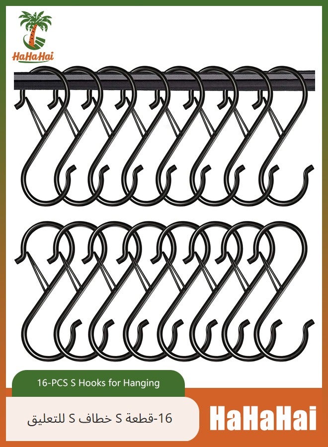 HaHaHai 16-PCS S Hooks for Hanging, Heavy Duty S Hooks with Safety Buckle S Shaped Hooks Kitchen Pot Rack Hooks Closet Hooks for Hanging Plants, Clothes, Kitchen Utensil, Bags (Black) - Image 1