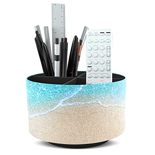 Hennaja Round Leather Art Supply Organizer,Remote Control Holder,360 Degree Rotating,Multi-Functional Pencil Holder,4 Compartments Desktop Stationary Organizer(1-Sandbeach) - Image 1