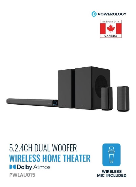 Wireless Home Theater Sound Bar 5.2.4CH Dual Woofer System / Immersive Powerful Sound / Universal Audio Interface / Wireless Mic Included / Wireless Woofers & Speakers /Easy Setup and Connectivity / Bluetooth - Black