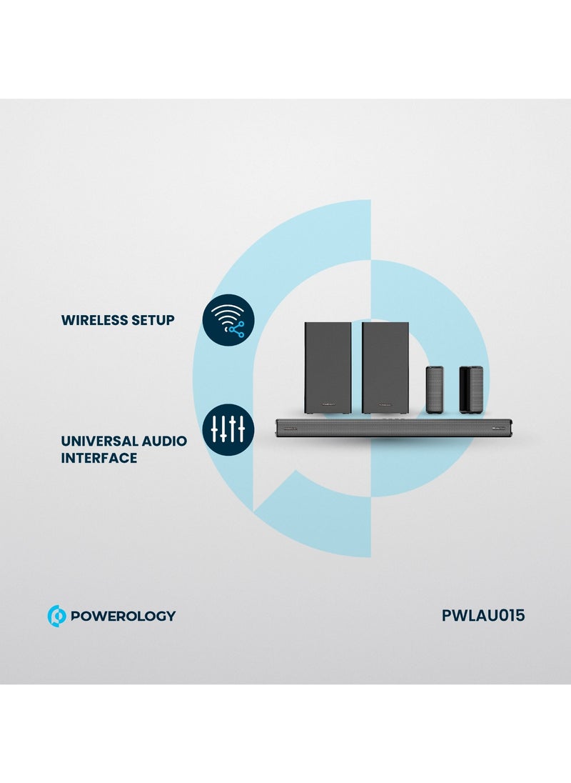 Powerology - Wireless Home Theater Sound Bar 5.2.4CH Dual Woofer System / Immersive Powerful Sound / Universal Audio Interface / Wireless Mic Included / Wireless Woofers & Speakers /Easy Setup and Connectivity / Bluetooth - Black - Image 1