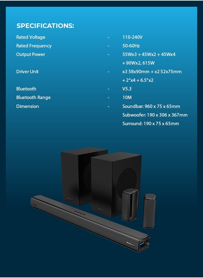 Powerology - Wireless Home Theater Sound Bar 5.2.4CH Dual Woofer System / Immersive Powerful Sound / Universal Audio Interface / Wireless Mic Included / Wireless Woofers & Speakers /Easy Setup and Connectivity / Bluetooth - Black - Image 1