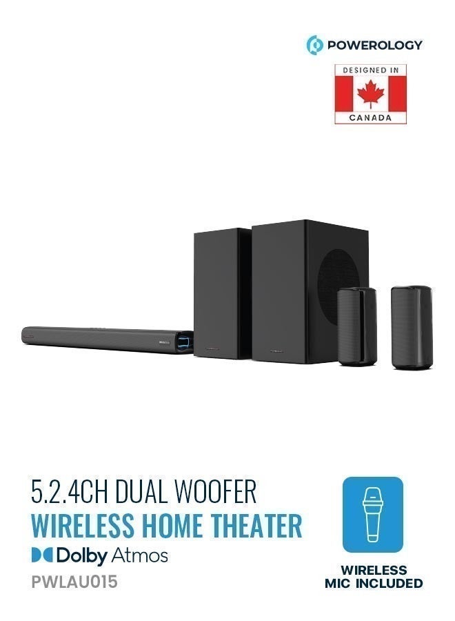 Powerology Wireless Home Theater Sound Bar 5.2.4CH Dual Woofer System, Immersive Powerful Sound, Universal Audio Interface, Wireless Mic Included, Wireless Woofers & Speakers, Easy Setup and Connectivity, Bluetooth - Black - Image 1
