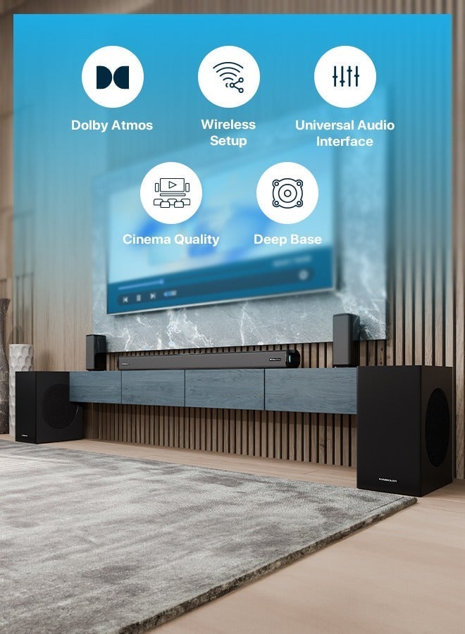 Powerology Wireless Home Theater Sound Bar 5.2.4CH Dual Woofer System, Immersive Powerful Sound, Universal Audio Interface, Wireless Mic Included, Wireless Woofers & Speakers, Easy Setup and Connectivity, Bluetooth - Black - Image 3