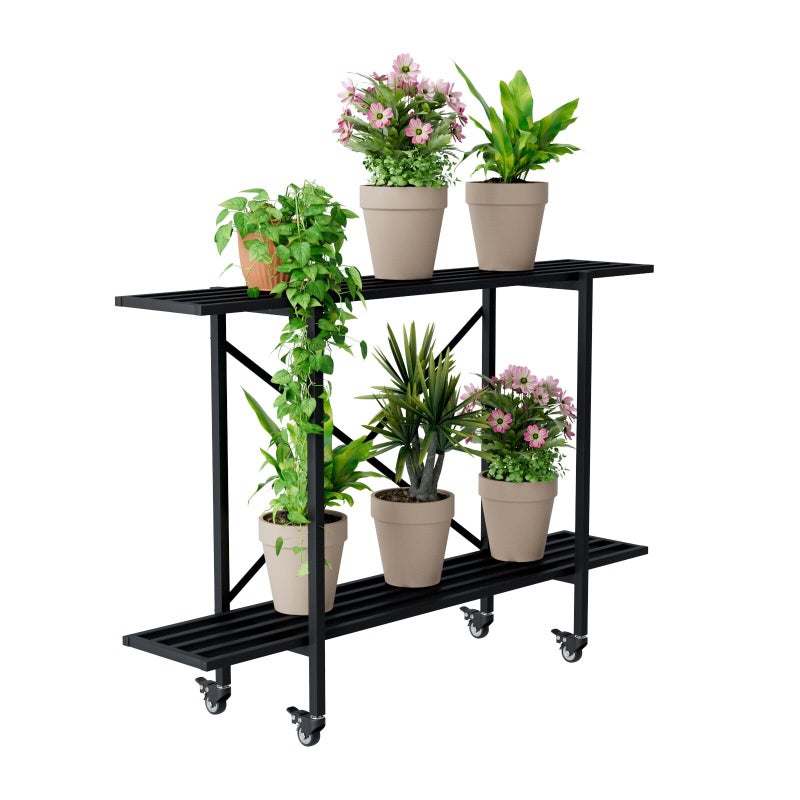 Zhongma 2 Tier Window Height Metal Sturdy Narrow Plant Stand with Wheels, Plant Stand Indoor and Outdoor, L45.67 x W10.3 x H29.9 inch, 440 LBS Capacity & Heavy Duty Construction. - Image 1