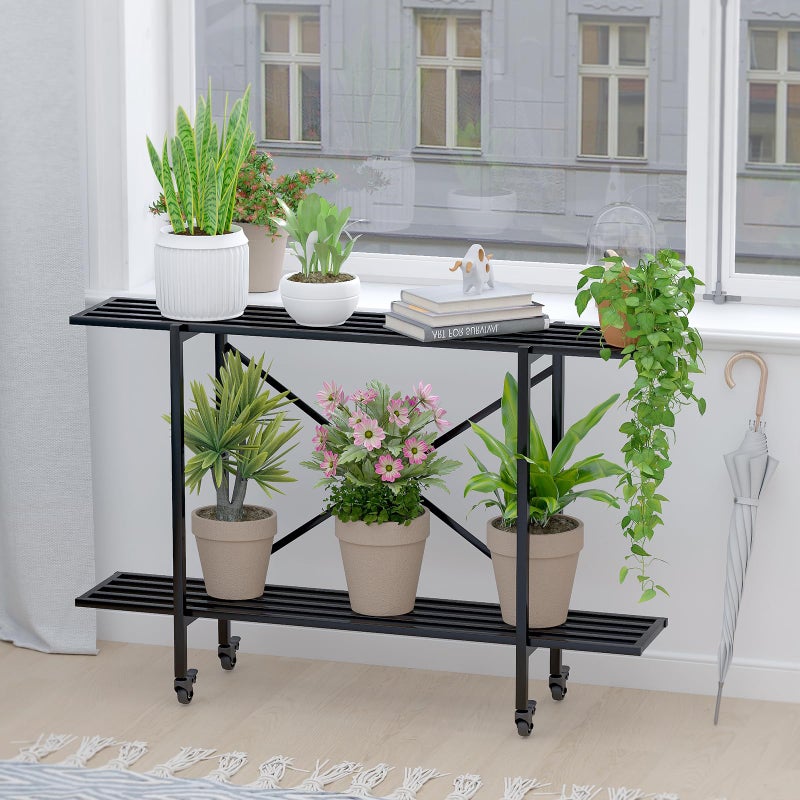 Zhongma 2 Tier Window Height Metal Sturdy Narrow Plant Stand with Wheels, Plant Stand Indoor and Outdoor, L45.67 x W10.3 x H29.9 inch, 440 LBS Capacity & Heavy Duty Construction. - Image 3