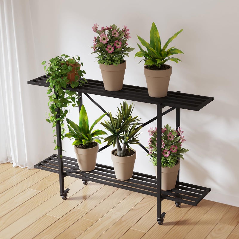 Zhongma 2 Tier Window Height Metal Sturdy Narrow Plant Stand with Wheels, Plant Stand Indoor and Outdoor, L45.67 x W10.3 x H29.9 inch, 440 LBS Capacity & Heavy Duty Construction. - Image 2