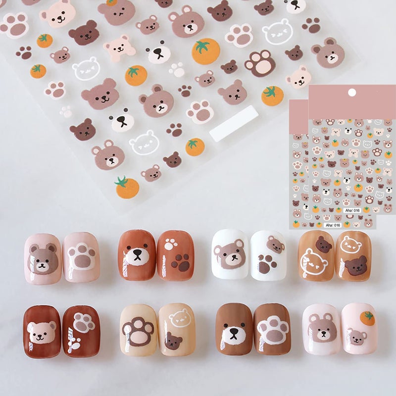 Coffee Colored Bear Nail Art Stickers Decals Cute Animal Little Bear Nail Art Sticker 3D Self Adhesive DIY Design Fashion Trend Glamour Decoration Accessories for Ladies Girls Kids 2 Sheets