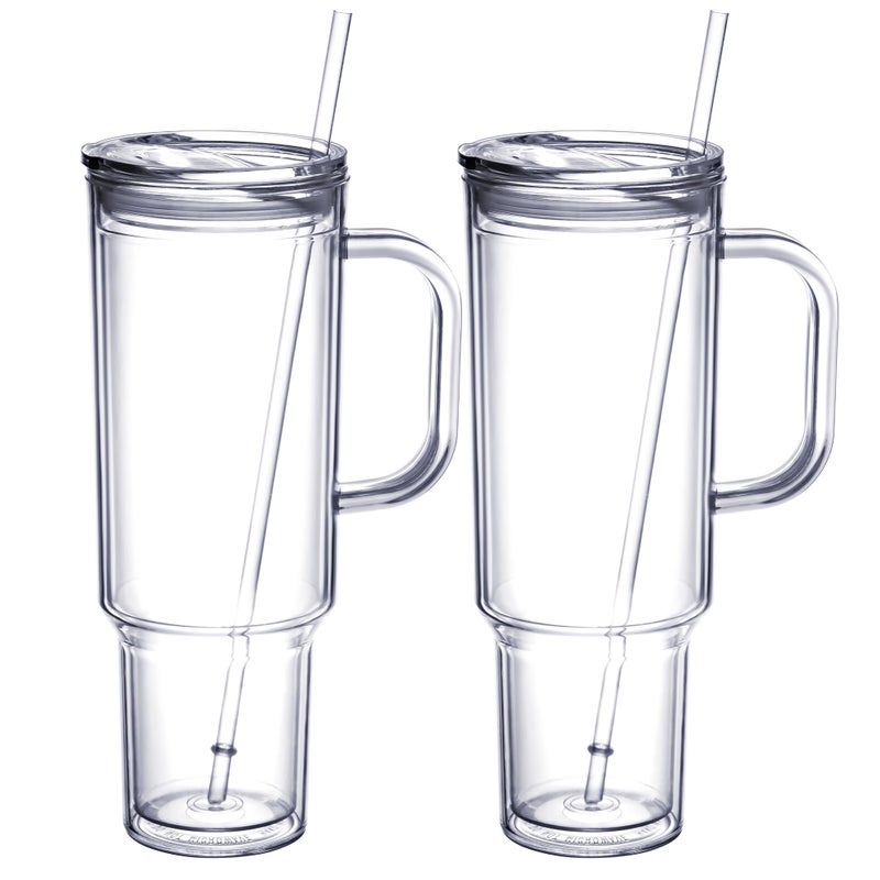 MEWAY 40 oz Tumbler with Handle and Straw LidDouble Wall Vacuum Reusable plastic Water Bottle Travel Mug CupClassic Acrylic Tumblers Cupholder Friendly 2 Pack