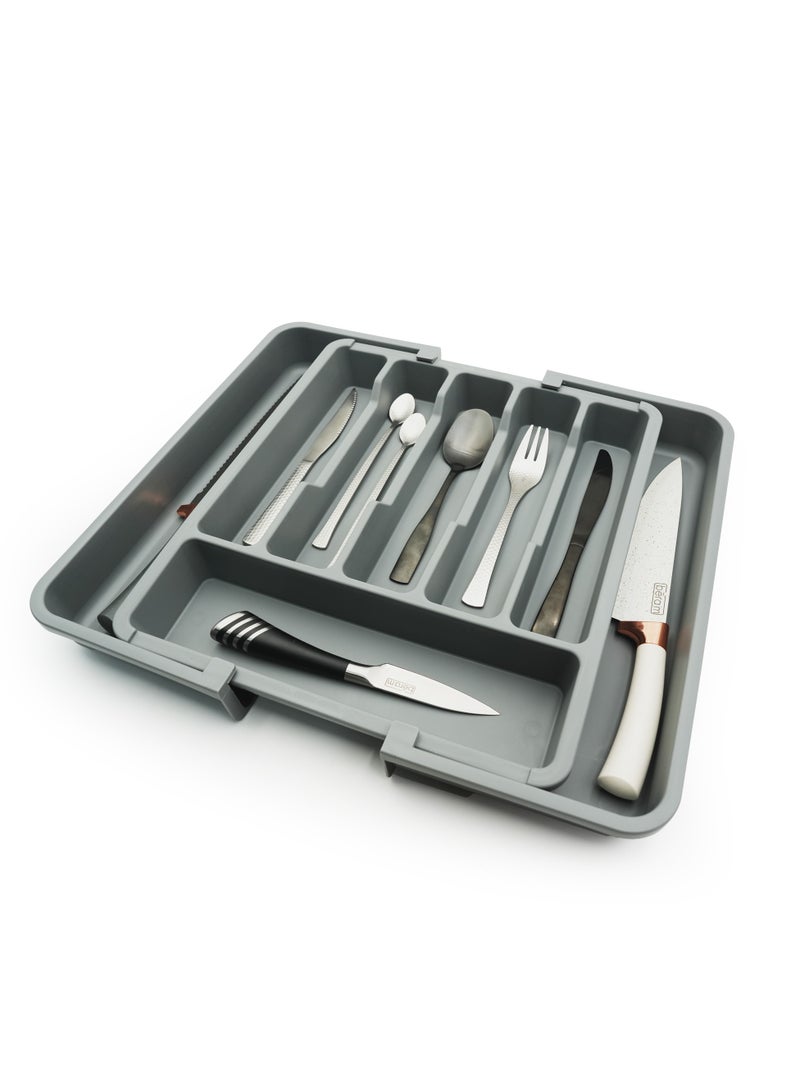 Beram Expandable Kitchen Drawer Organizer Tray – Grey 33×37.5×5 cm BPA-Free PP Cutlery Holder for Spoons Forks Knives & Utensils Adjustable Silverware Divider Storage Box for Kitchen Drawers - Image 1