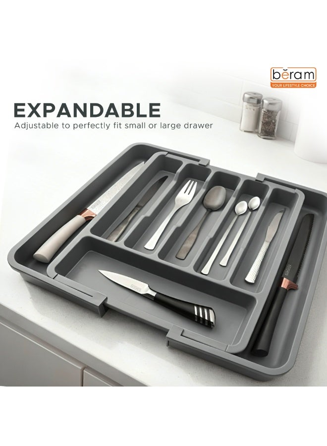 Beram Expandable Kitchen Drawer Organizer Tray – Grey 33×37.5×5 cm BPA-Free PP Cutlery Holder for Spoons Forks Knives & Utensils Adjustable Silverware Divider Storage Box for Kitchen Drawers - Image 4