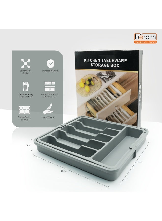 Beram Expandable Kitchen Drawer Organizer Tray – Grey 33×37.5×5 cm BPA-Free PP Cutlery Holder for Spoons Forks Knives & Utensils Adjustable Silverware Divider Storage Box for Kitchen Drawers - Image 3