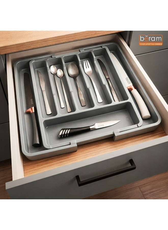 Beram Expandable Kitchen Drawer Organizer Tray – Grey 33×37.5×5 cm BPA-Free PP Cutlery Holder for Spoons Forks Knives & Utensils Adjustable Silverware Divider Storage Box for Kitchen Drawers - Image 2