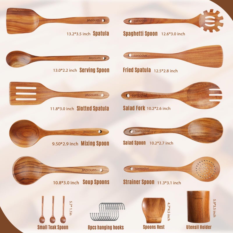 Mooues 15Piece Wooden Spoons for Cooking Natural Teak Wooden Kitchen Utensils Set Comfort Grip - Image 3