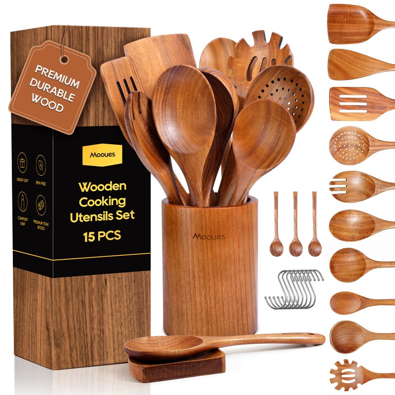 Mooues 15Piece Wooden Spoons for Cooking Natural Teak Wooden Kitchen Utensils Set Comfort Grip - Image 1