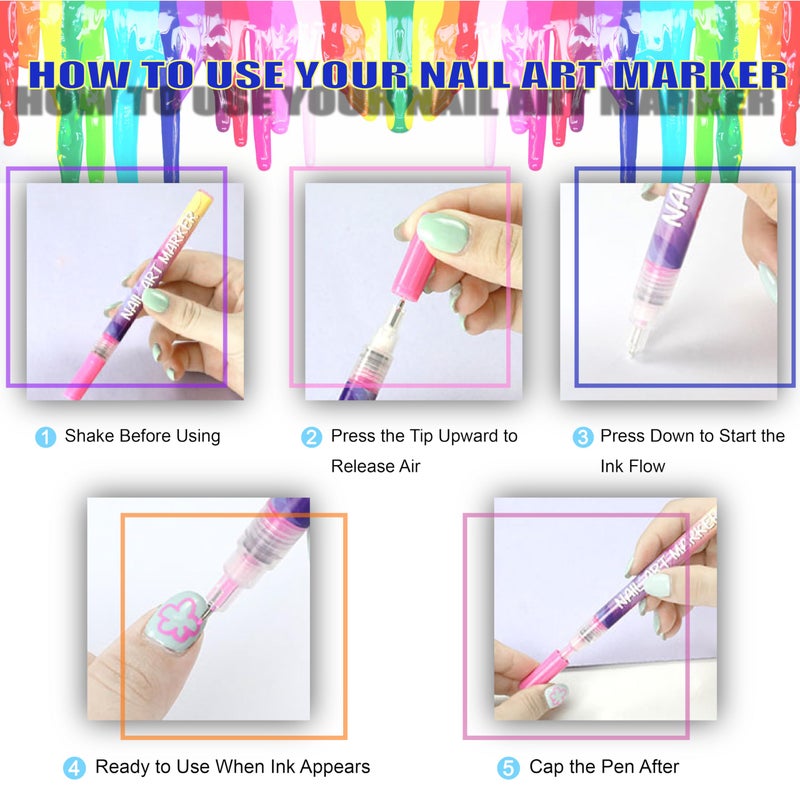AOKELEON 12 Colors Nail Art Pens Set 3D Nail Polish Pens Graffiti Dotting Pen Acrylic Paint Pens Point Liner Pen Drawing Painting for Nails Art Design Manicure Nail DIY Decoration (Laser-12pcs) - Image 2
