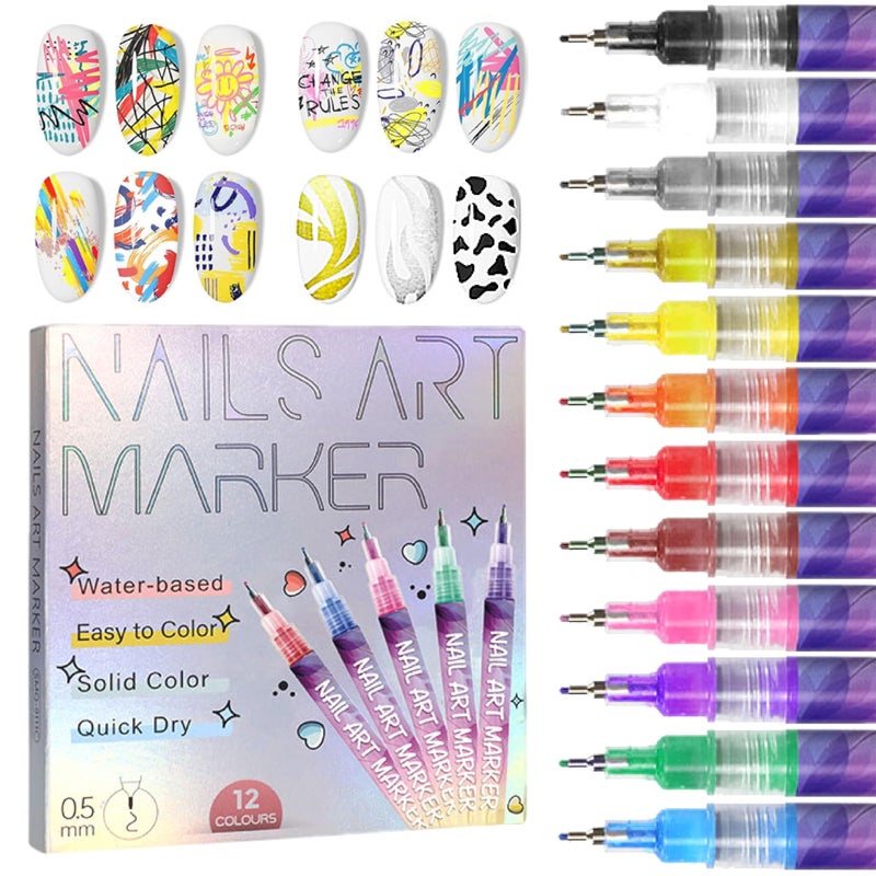 AOKELEON 12 Colors Nail Art Pens Set 3D Nail Polish Pens Graffiti Dotting Pen Acrylic Paint Pens Point Liner Pen Drawing Painting for Nails Art Design Manicure Nail DIY Decoration (Laser-12pcs) - Image 1