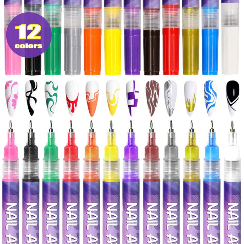 AOKELEON 12 Colors Nail Art Pens Set 3D Nail Polish Pens Graffiti Dotting Pen Acrylic Paint Pens Point Liner Pen Drawing Painting for Nails Art Design Manicure Nail DIY Decoration (Laser-12pcs) - Image 3