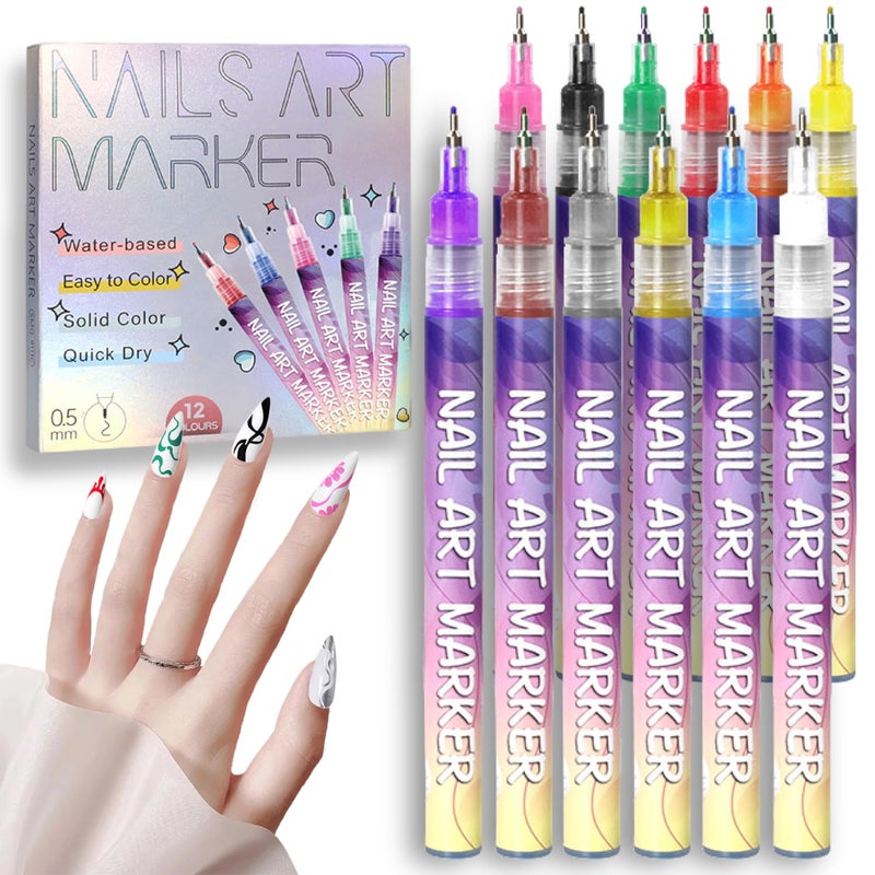 AOKELEON 12 Colors Nail Art Pens Set 3D Nail Polish Pens Graffiti Dotting Pen Acrylic Paint Pens Point Liner Pen Drawing Painting for Nails Art Design Manicure Nail DIY Decoration (Laser-12pcs) - Image 5