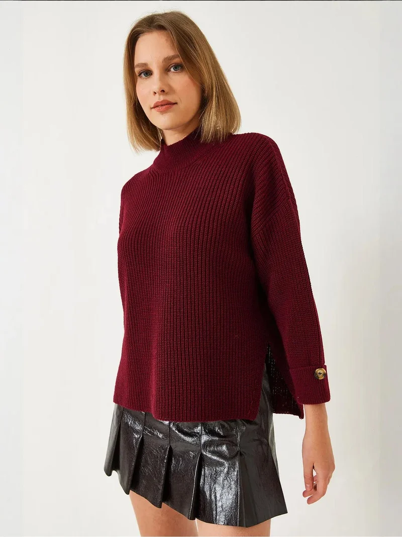 Bianco Lucci LUCCI Textured Knitwear Half Turtleneck Sweater with Button Closure