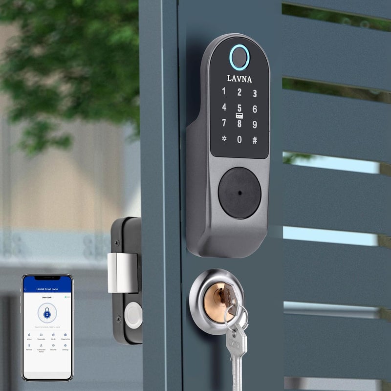 LAVNA قفل باب معدني إلكتروني ذكي LE50 مع تطبيق موبايل بلوتوث، بصمة، بطاقة RFID، إدخال رقم سري ومفتاح يدوي للوصول إلى الأبواب المعدنية | قفل باب ذكي للمنزل والمكتب (أسود ورمادي) - Image 1