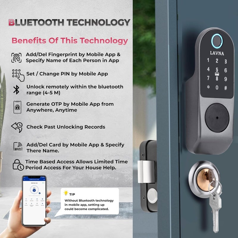 LAVNA قفل باب معدني إلكتروني ذكي LE50 مع تطبيق موبايل بلوتوث، بصمة، بطاقة RFID، إدخال رقم سري ومفتاح يدوي للوصول إلى الأبواب المعدنية | قفل باب ذكي للمنزل والمكتب (أسود ورمادي) - Image 2