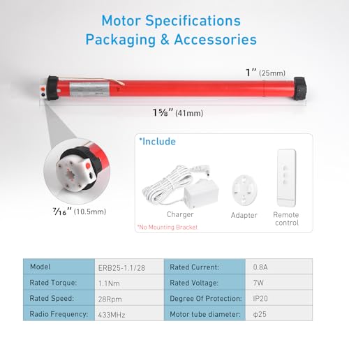 Rollerhouse Rechargeable Wireless Tubular Roller Shade Motor Kit, with Remote Control for Motorized Electric Roller Blind Shades, 1.5 inch Tube - Image 3