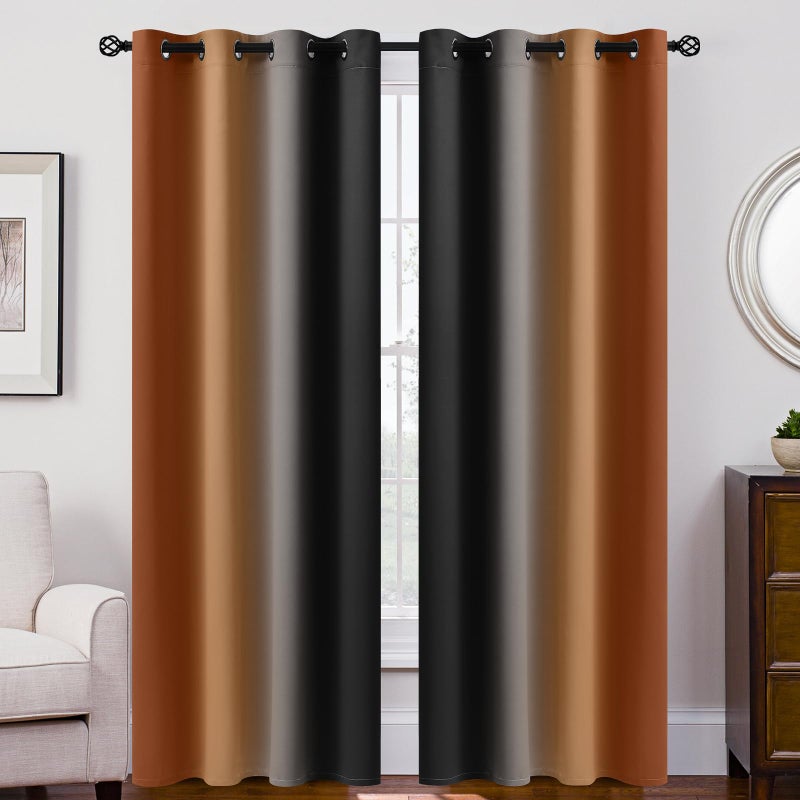 SimpleHome Ombre Room Darkening Curtains 84 inches Length for Bedroom,Grommet Gradient Light Blocking Burnt Orange and Black Gradient Window Curtains for Living Room,2 Panels, 52x84 inches - Image 2