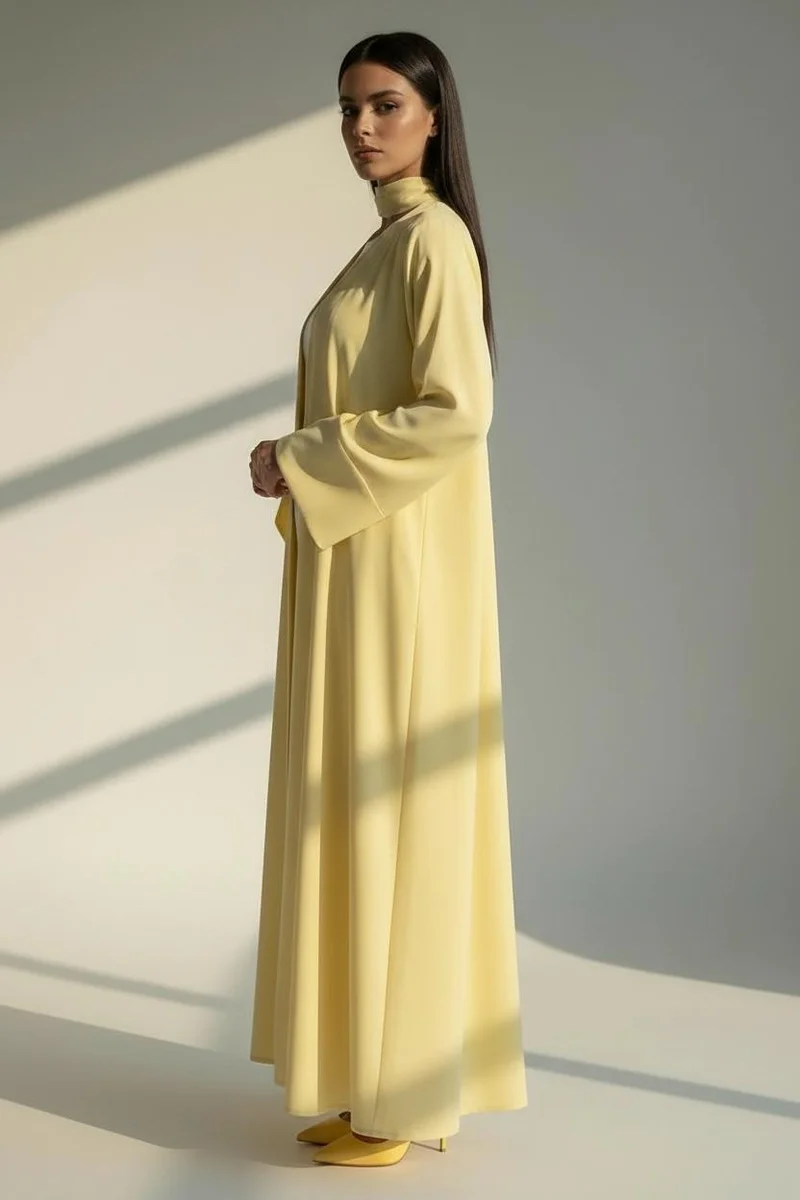 أم سكوير فاشن Pastel Yellow Open Abaya with Bell Sleeves, Lightweight Everyday Style